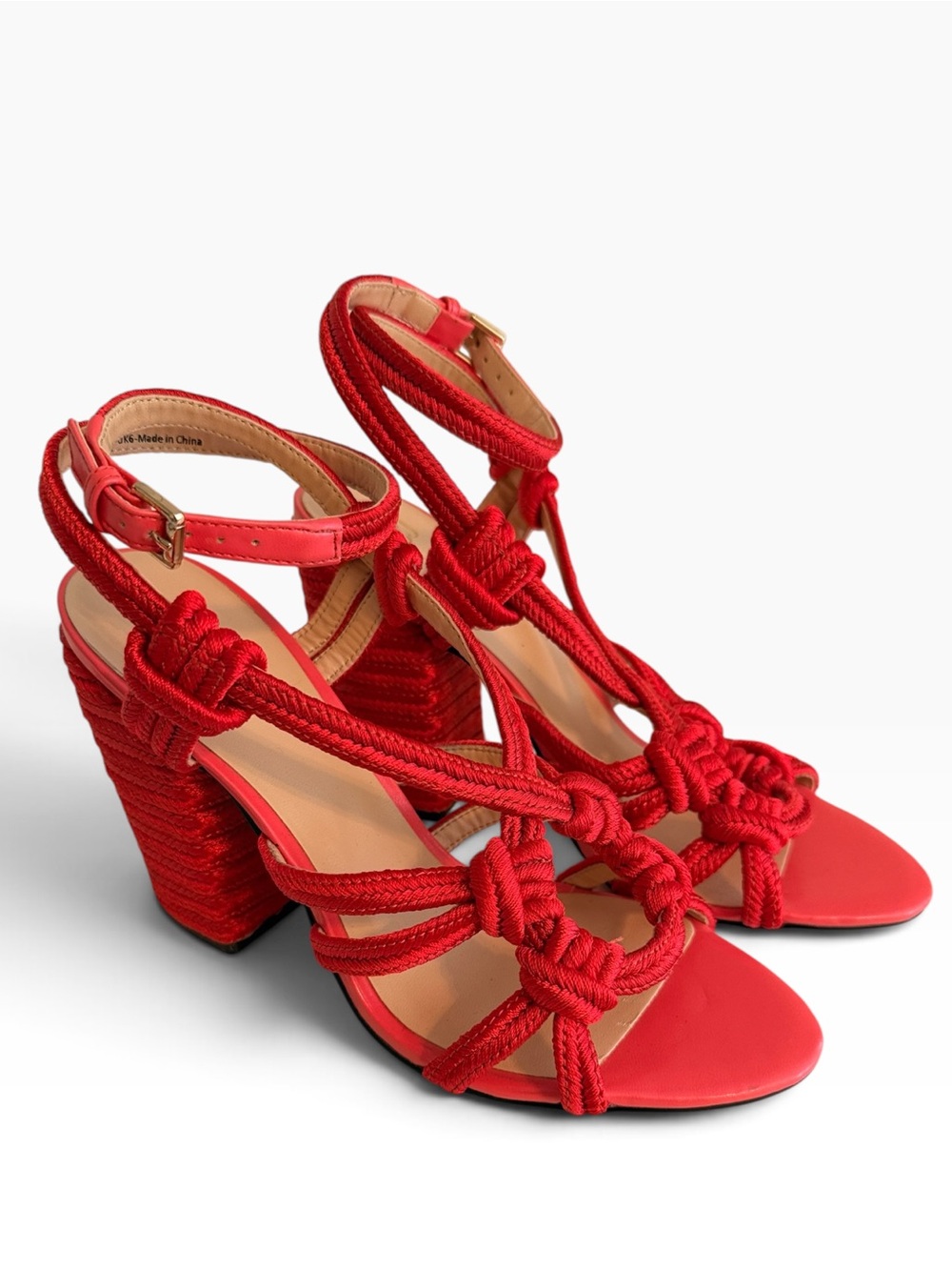 CAbi "Tiptoe" Red Knotted Rope Open Toe Block Heel Ankle Strap Sandals 7.5